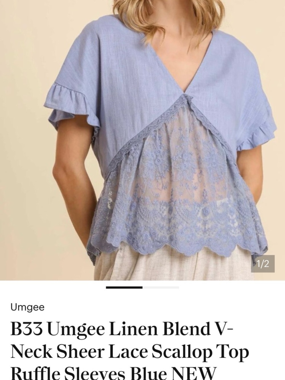 B33 Umgee Linen Blend V-Neck Sheer Lace Scallop Top Ruffle Sleeves Blue NEW